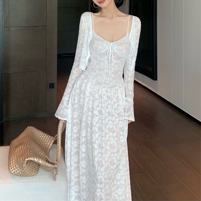 A-Line Jacquard / Bolero Maxi Floral Dress Spaghetti Strap