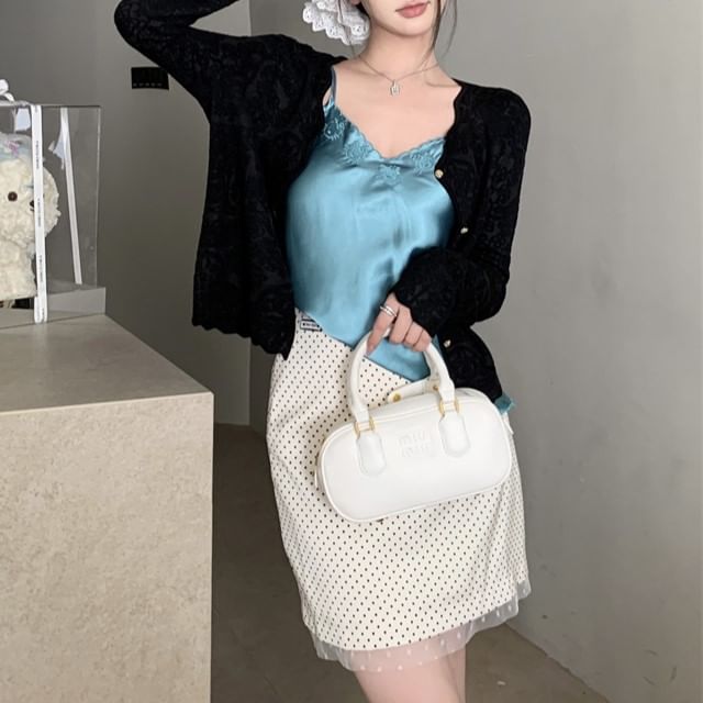 Rise Cardigan Pencil Skirt Dotted Plain Top Embroidered V-Neck Satin Mini / High Cami