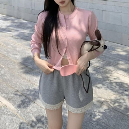 Camisole / Top Shorts Waist Neck Padded V-Neck High Lace Panel Round Sweat Cardigan Plain