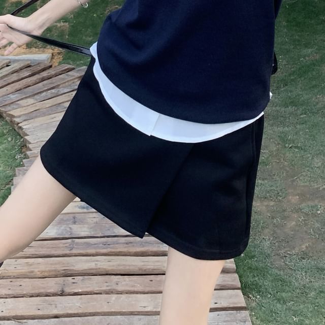 Short Waist Plain / Skirt Round Sweater Collared Shirt Sleeve A-Line Mini Neck Vest High