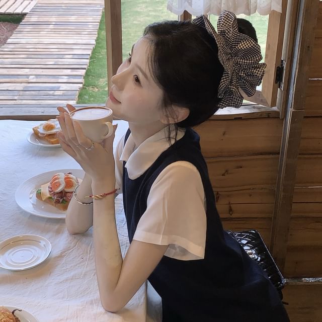 Short Waist Plain / Skirt Round Sweater Collared Shirt Sleeve A-Line Mini Neck Vest High