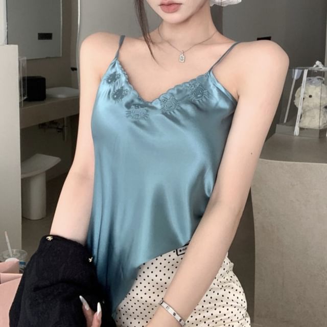 Rise Cardigan Pencil Skirt Dotted Plain Top Embroidered V-Neck Satin Mini / High Cami