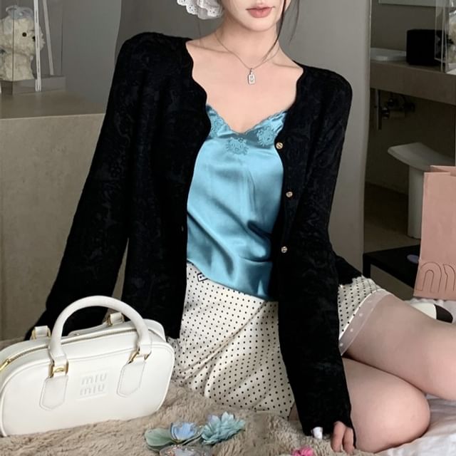 Rise Cardigan Pencil Skirt Dotted Plain Top Embroidered V-Neck Satin Mini / High Cami