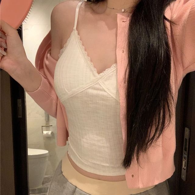Camisole / Top Shorts Waist Neck Padded V-Neck High Lace Panel Round Sweat Cardigan Plain