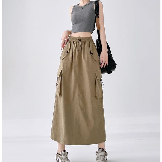 A-Line Cargo Waist Slit Drawstring Skirt Plain Midi