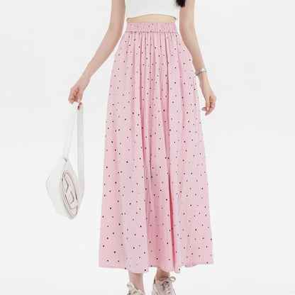 A-Line Skirt Dotted Elastic Waist Midi