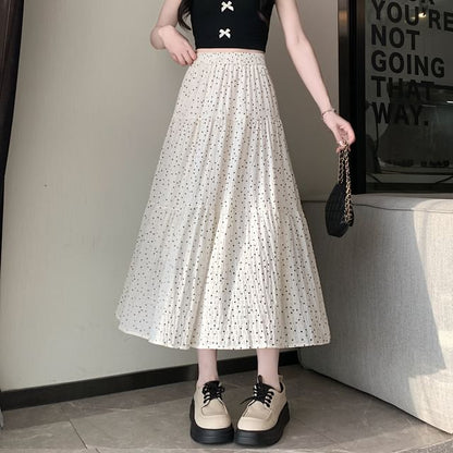 Waist Dotted Midi Skirt A-Line Elastic Tiered