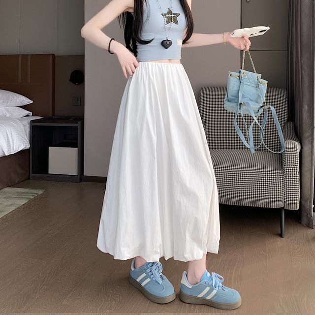 A-Line Waist Skirt Elastic Hem Bubble Plain Midi