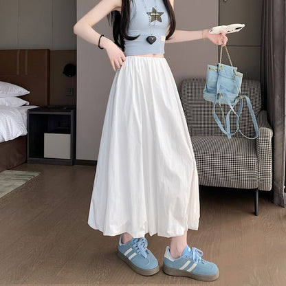 A-Line Waist Skirt Elastic Hem Bubble Plain Midi
