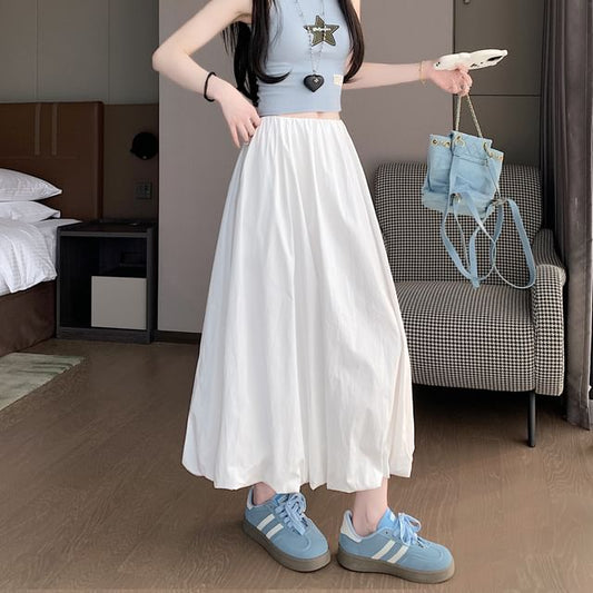 A-Line Waist Skirt Elastic Hem Bubble Plain Midi