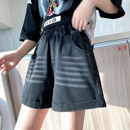 Washed Denim Waist Elastic Shorts