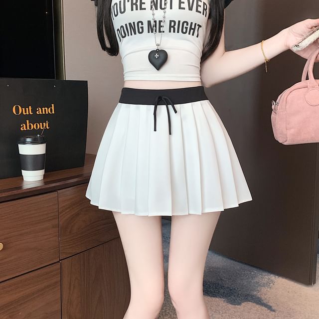 Drawstring Waist Pleated Trim Skirt A-Line Mini Contrast