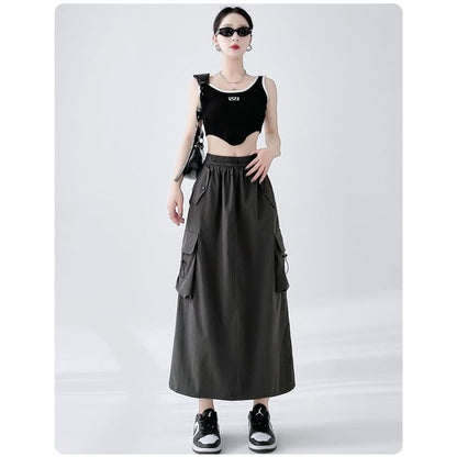 A-Line Cargo Waist Slit Drawstring Skirt Plain Midi