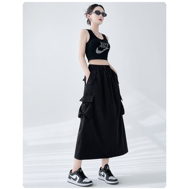 A-Line Cargo Waist Slit Drawstring Skirt Plain Midi