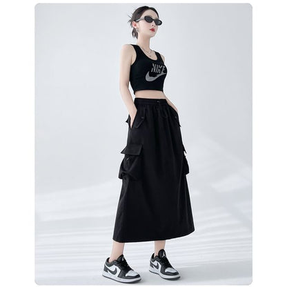 A-Line Cargo Waist Slit Drawstring Skirt Plain Midi