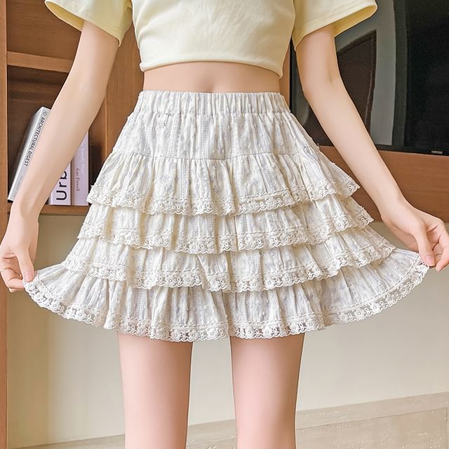 Trim Lace Waist Tiered Skirt Plain A-Line Elastic Mini