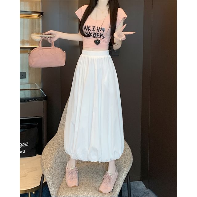 High Bubble A-Line Waist Skirt Midi Hem Plain