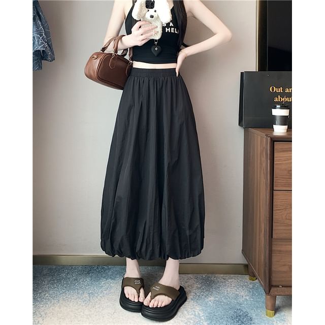High Bubble A-Line Waist Skirt Midi Hem Plain