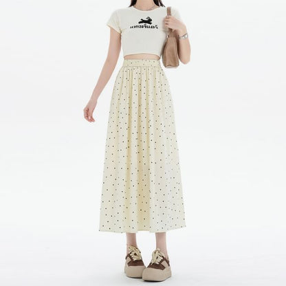 A-Line Skirt Dotted Elastic Waist Midi