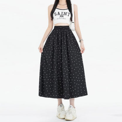 A-Line Skirt Dotted Elastic Waist Midi