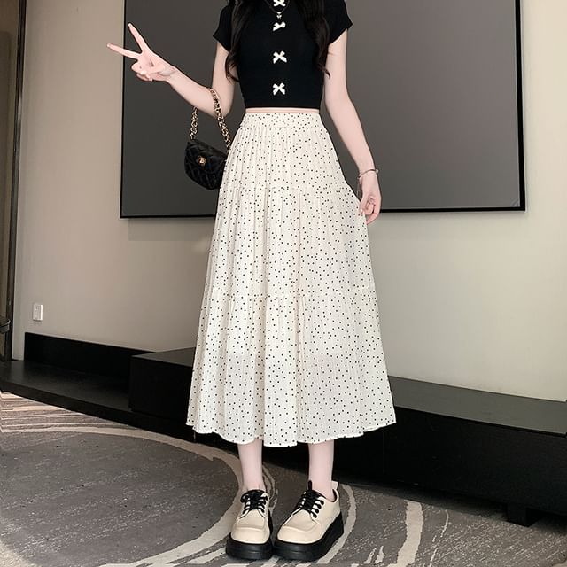 Waist Dotted Midi Skirt A-Line Elastic Tiered