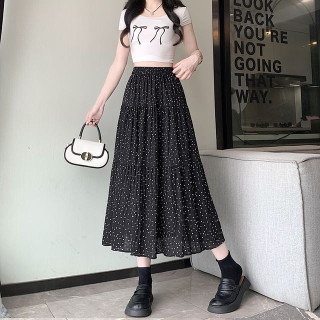 Waist Dotted Midi Skirt A-Line Elastic Tiered