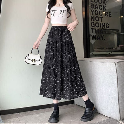 Waist Dotted Midi Skirt A-Line Elastic Tiered