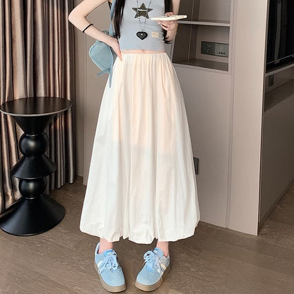 A-Line Waist Skirt Elastic Hem Bubble Plain Midi