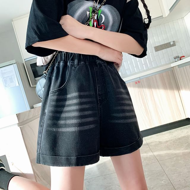 Washed Denim Waist Elastic Shorts