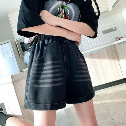 Washed Denim Waist Elastic Shorts