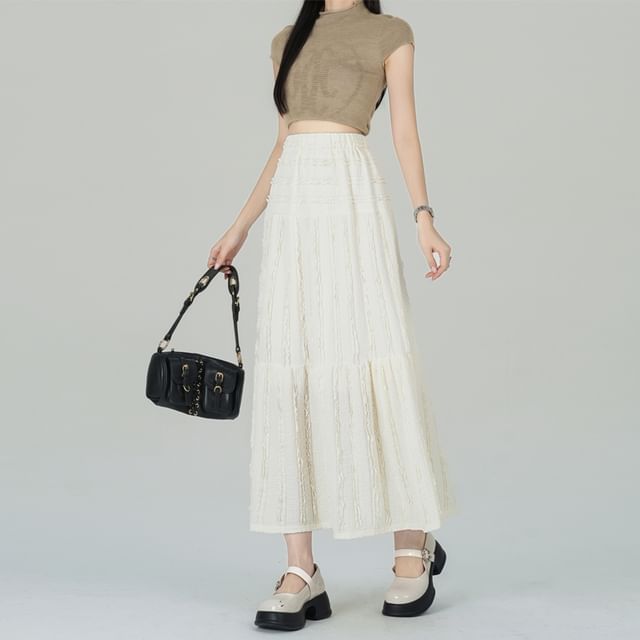 Midi Tiered Skirt Waist A-Line Elastic Plain