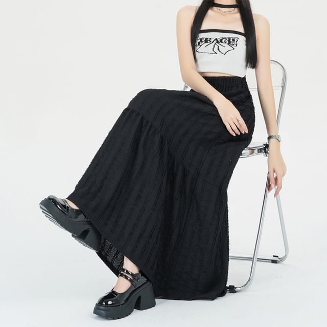 Midi Tiered Skirt Waist A-Line Elastic Plain