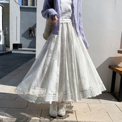 A-Line High Waist Lace Trim Floral Maxi Skirt