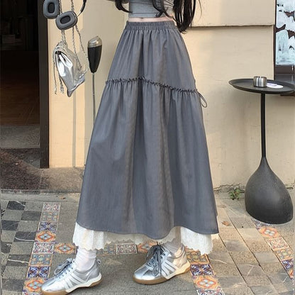 Skirt Lace Trim A-Line Maxi Plain High Rise