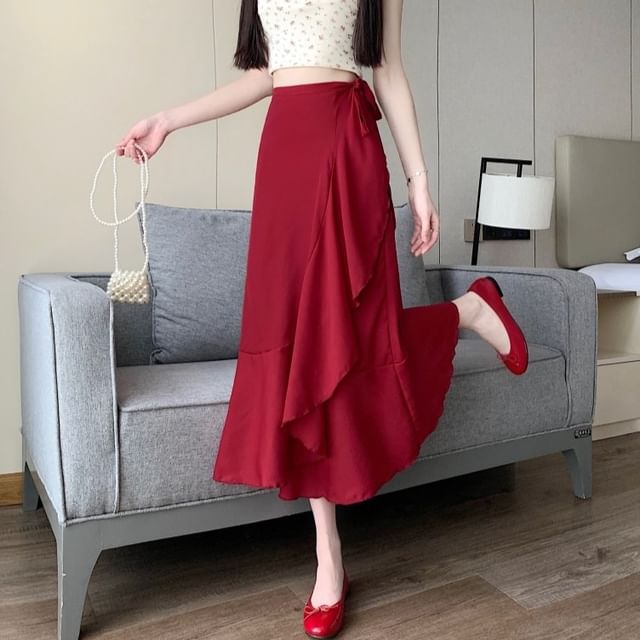 High A-Line Skirt Ruffle Midi Plain Waist