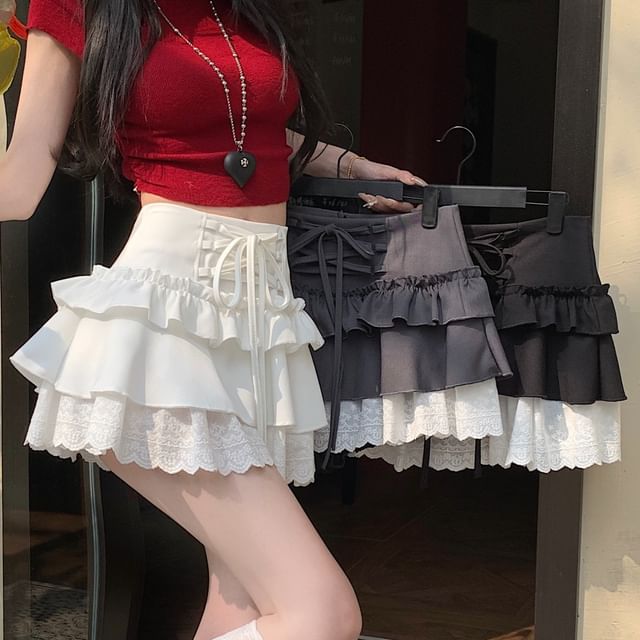 Mini High Lace A-Line Rise Trim Plain Skirt Ruffle Lace-Up