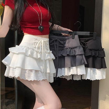 Mini High Lace A-Line Rise Trim Plain Skirt Ruffle Lace-Up