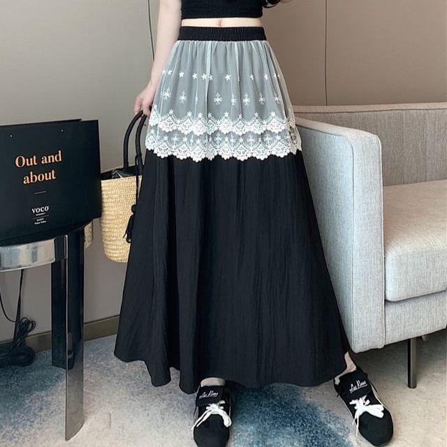 Lace Trim High Rise A-Line Plain Maxi Skirt