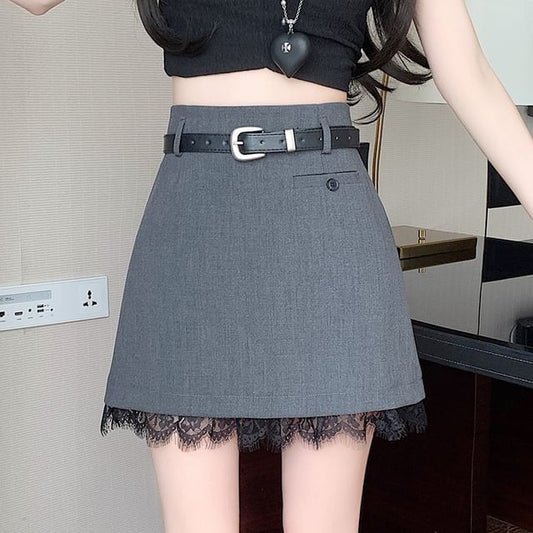 Mini Skirt Rise Trim Lace A-Line High Plain