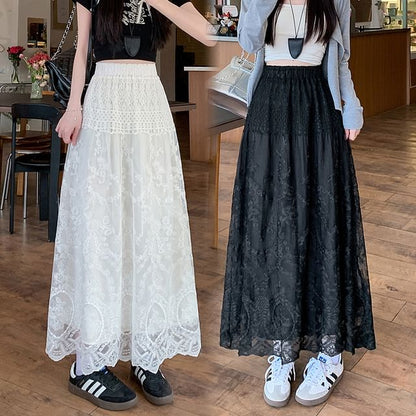 Flower Embroidered Lace High Trim Skirt Waist A-Line Maxi