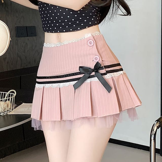 A-Line Lace Waist Pleated Low Pinstriped Bow Skirt Mini Trim