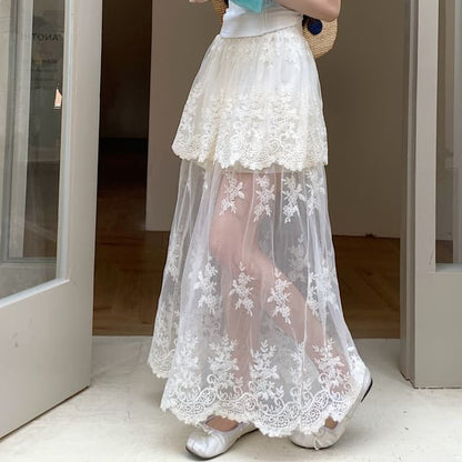 High Maxi Lace A-Line Waist Skirt Trim Flower Embroidered