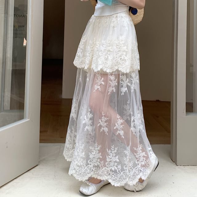 Lace Flower A-Line Embroidered High Waist Maxi Skirt Trim