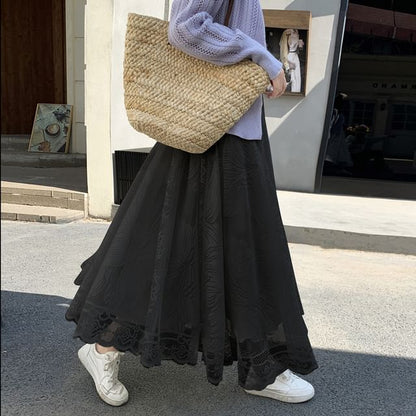 A-Line High Waist Lace Trim Floral Maxi Skirt