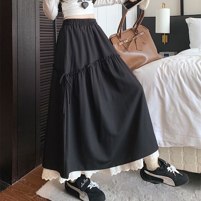 Skirt Lace Trim A-Line Maxi Plain High Rise