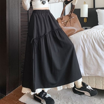 Skirt Lace Trim A-Line Maxi Plain High Rise