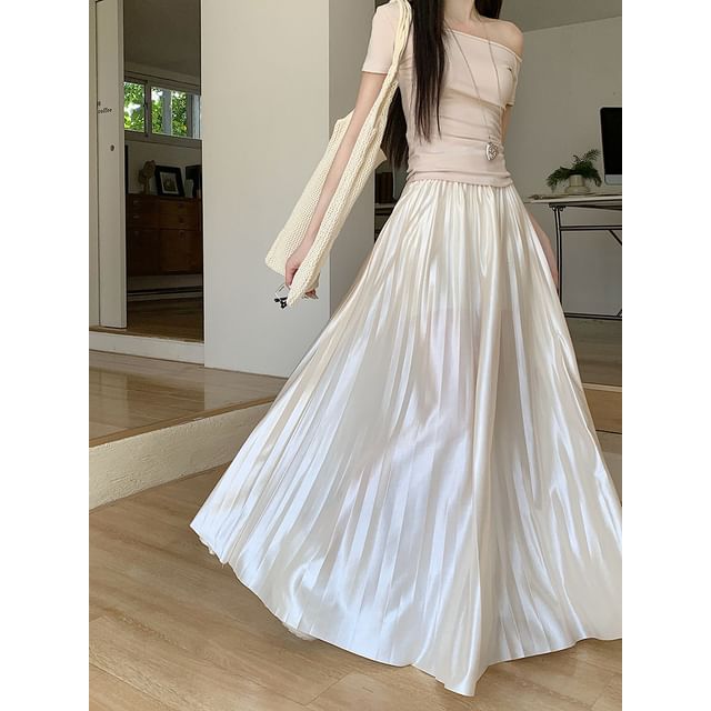 Maxi Plain Skirt Accordion A-Line High Pleated Waist