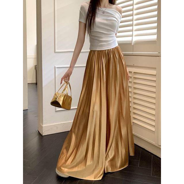 Maxi Plain Skirt Accordion A-Line High Pleated Waist