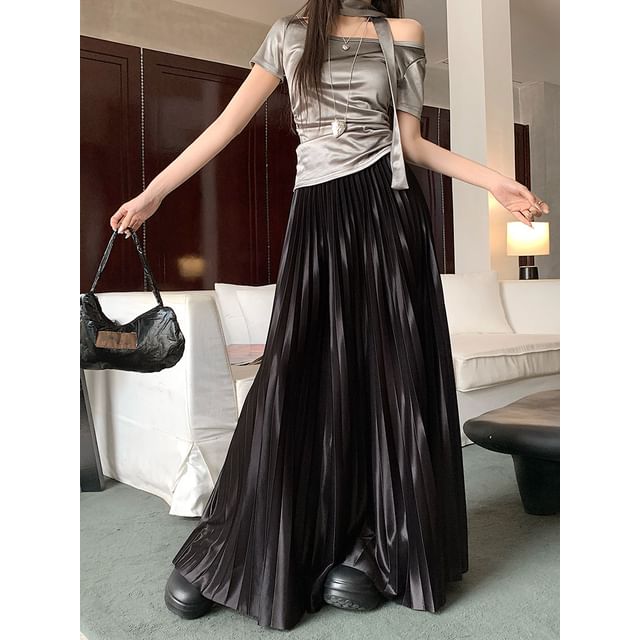 Maxi Plain Skirt Accordion A-Line High Pleated Waist