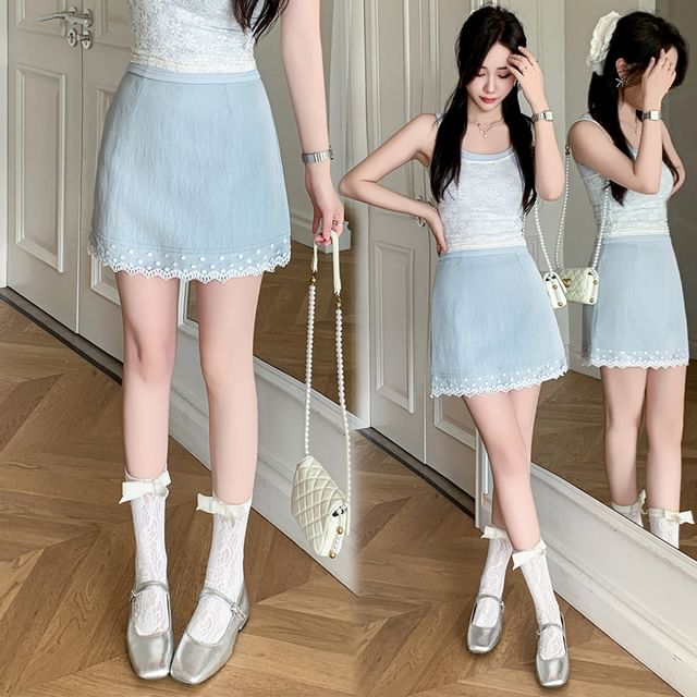 Lace High Skirt Plain Waist Trim Mini Pencil